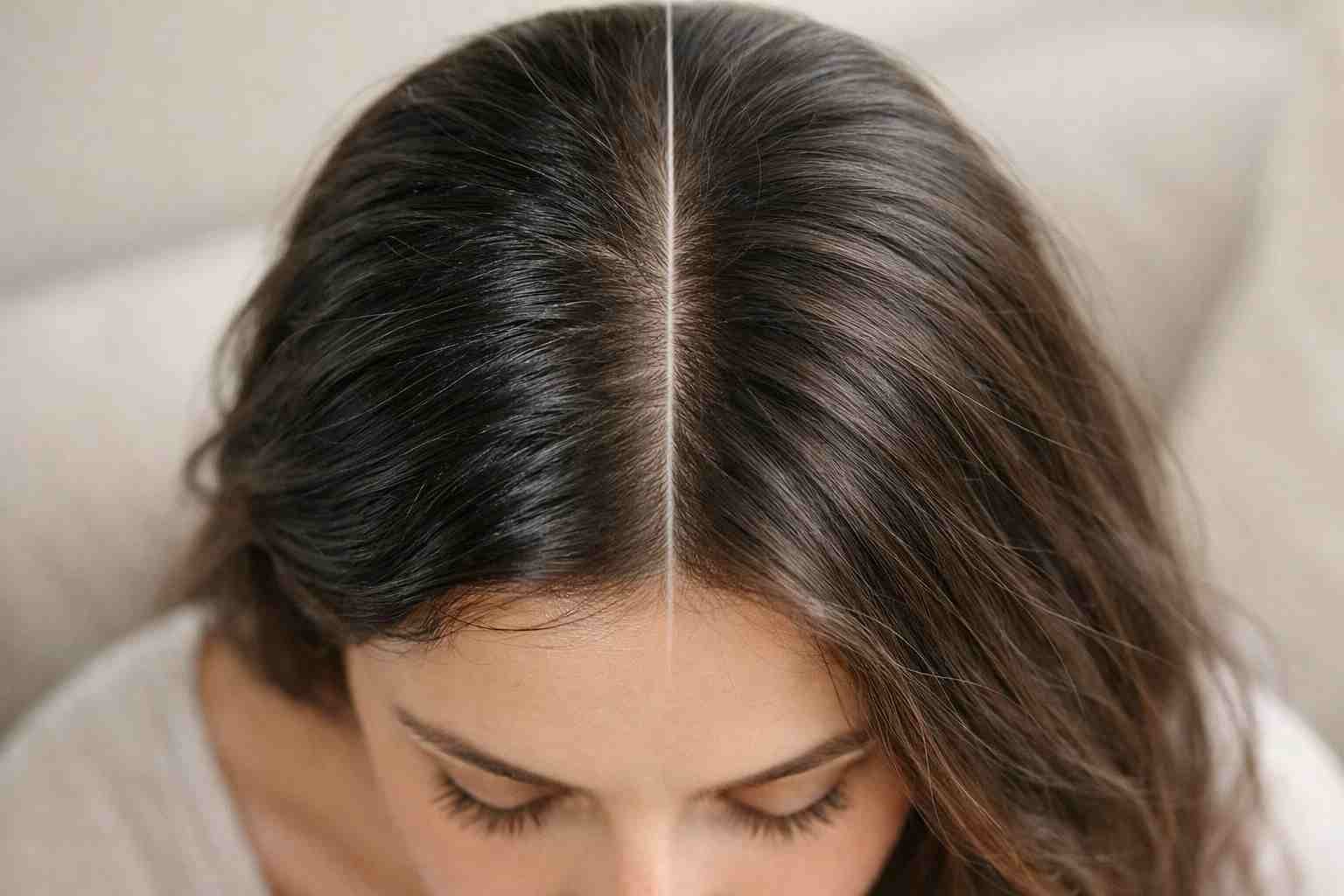 before and after using dry shampoo on oily hair roots