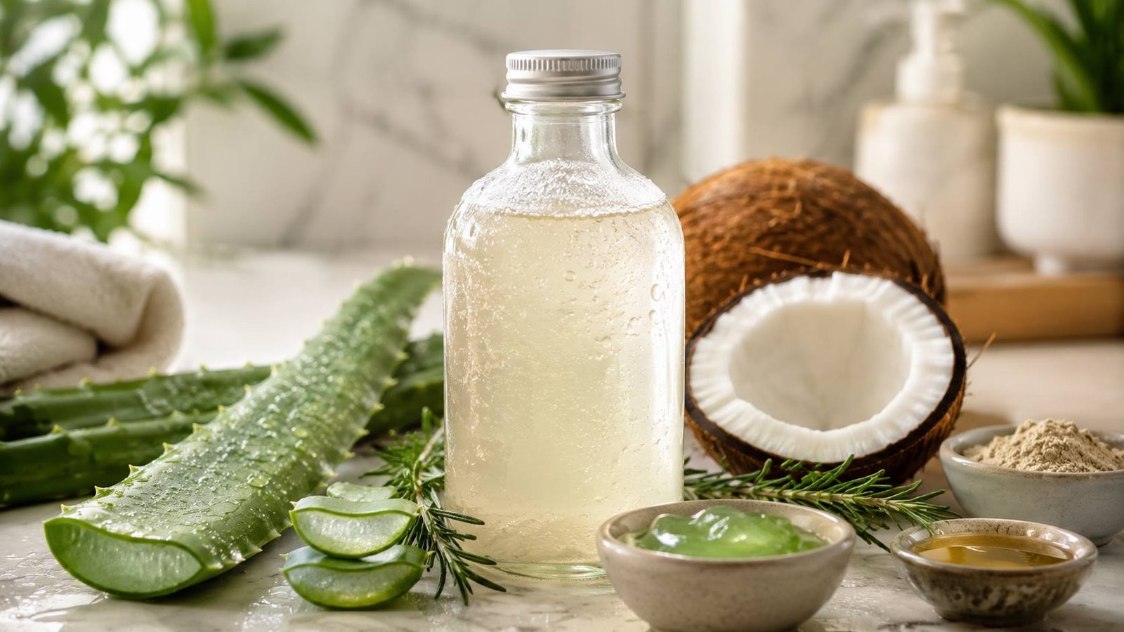 Natural shampoo base ingredients with aloe vera, rosemary, coconut, and a glass shampoo bottle