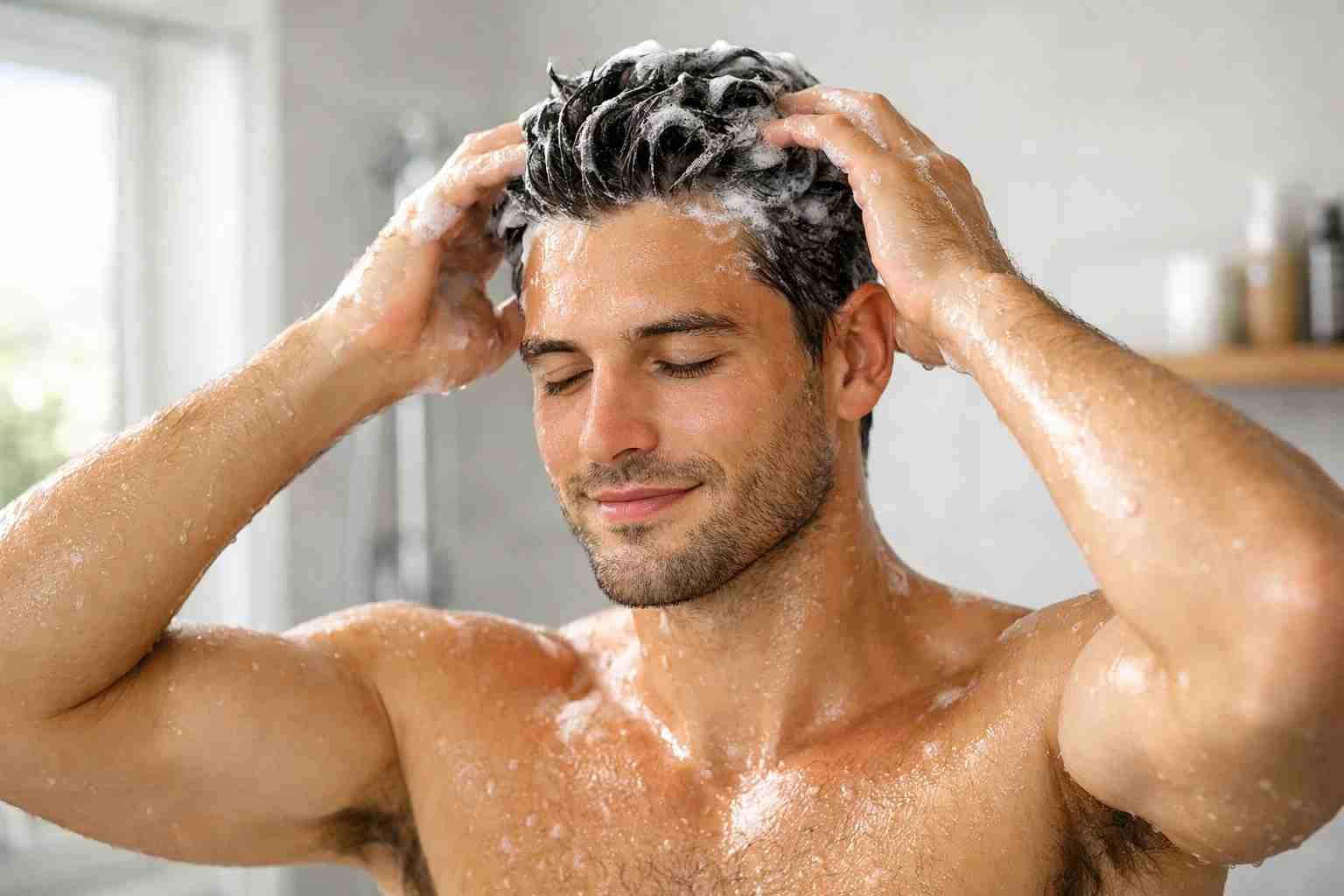 Man washing hair with gentle shampoo in modern bathroom