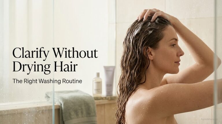 Woman gently massaging clarifying shampoo into her scalp while wet hair hangs loosely