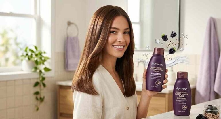 Woman using Aveeno Blackberry Quinoa Protein Blend Shampoo for color-treated hair