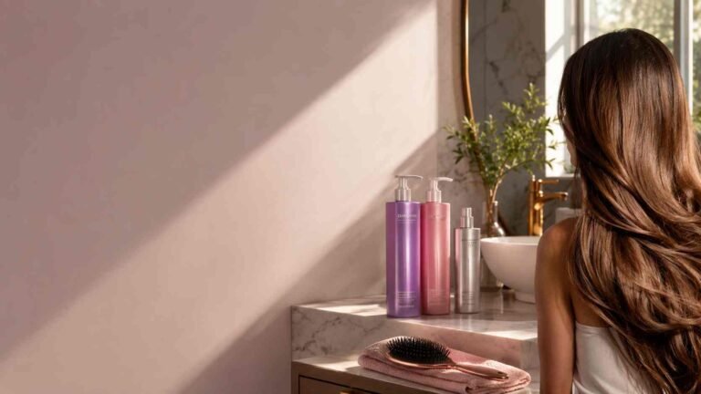 Colorful Bed Head shampoo bottles in a modern bathroom with healthy shiny hair styling atmosphere
