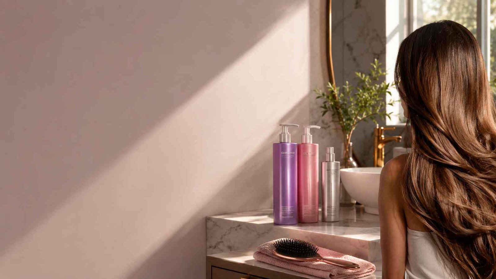 Colorful Bed Head shampoo bottles in a modern bathroom with healthy shiny hair styling atmosphere