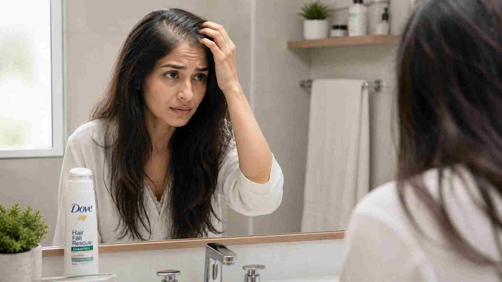 Woman checking hair fall in mirror with Dove shampoo in bathroom