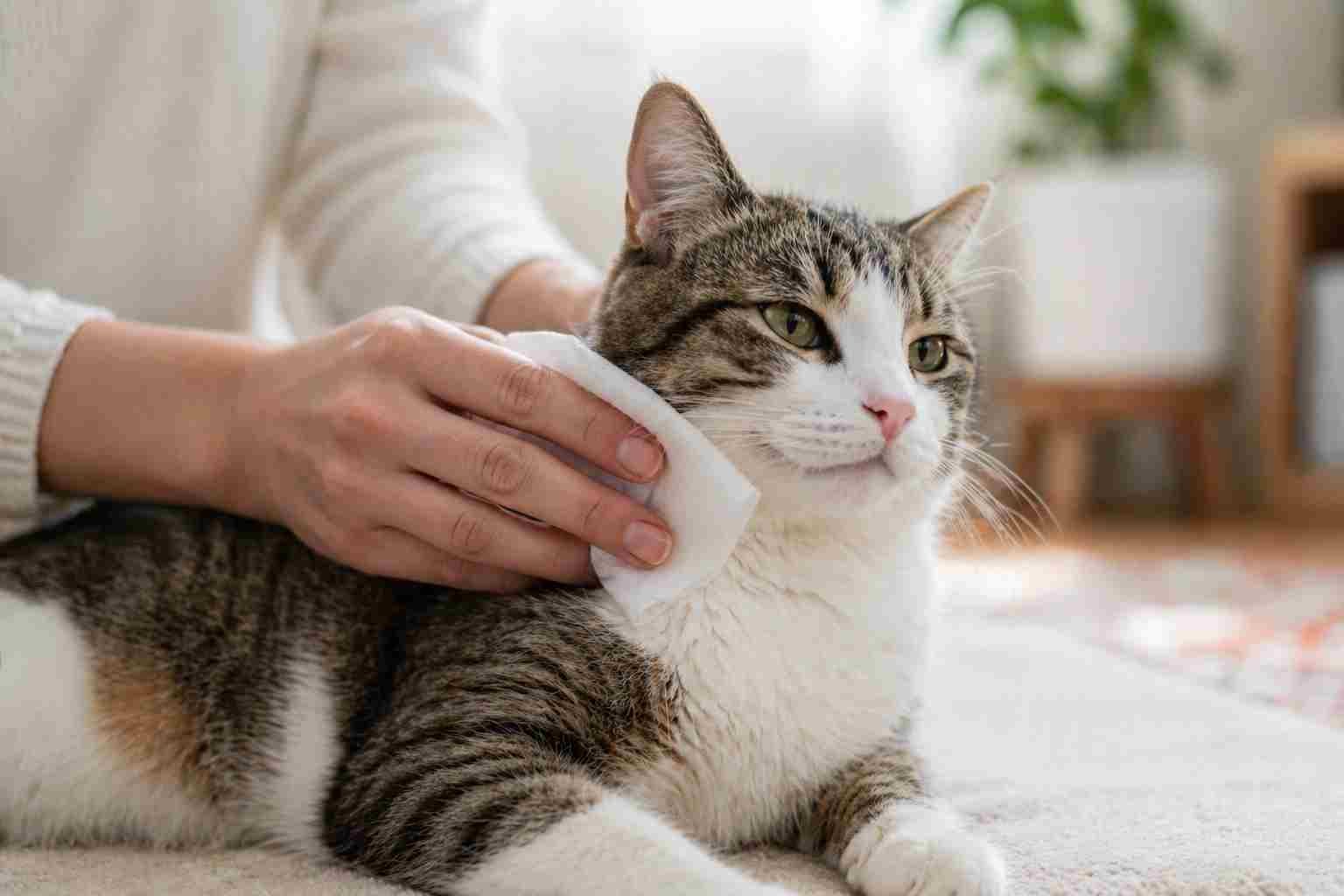 Owner gently cleaning a cat without water using safe grooming method