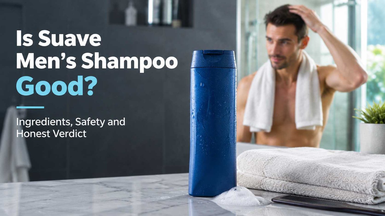 Is Suave Men’s Shampoo good review showing a men’s shampoo bottle and healthy clean hair