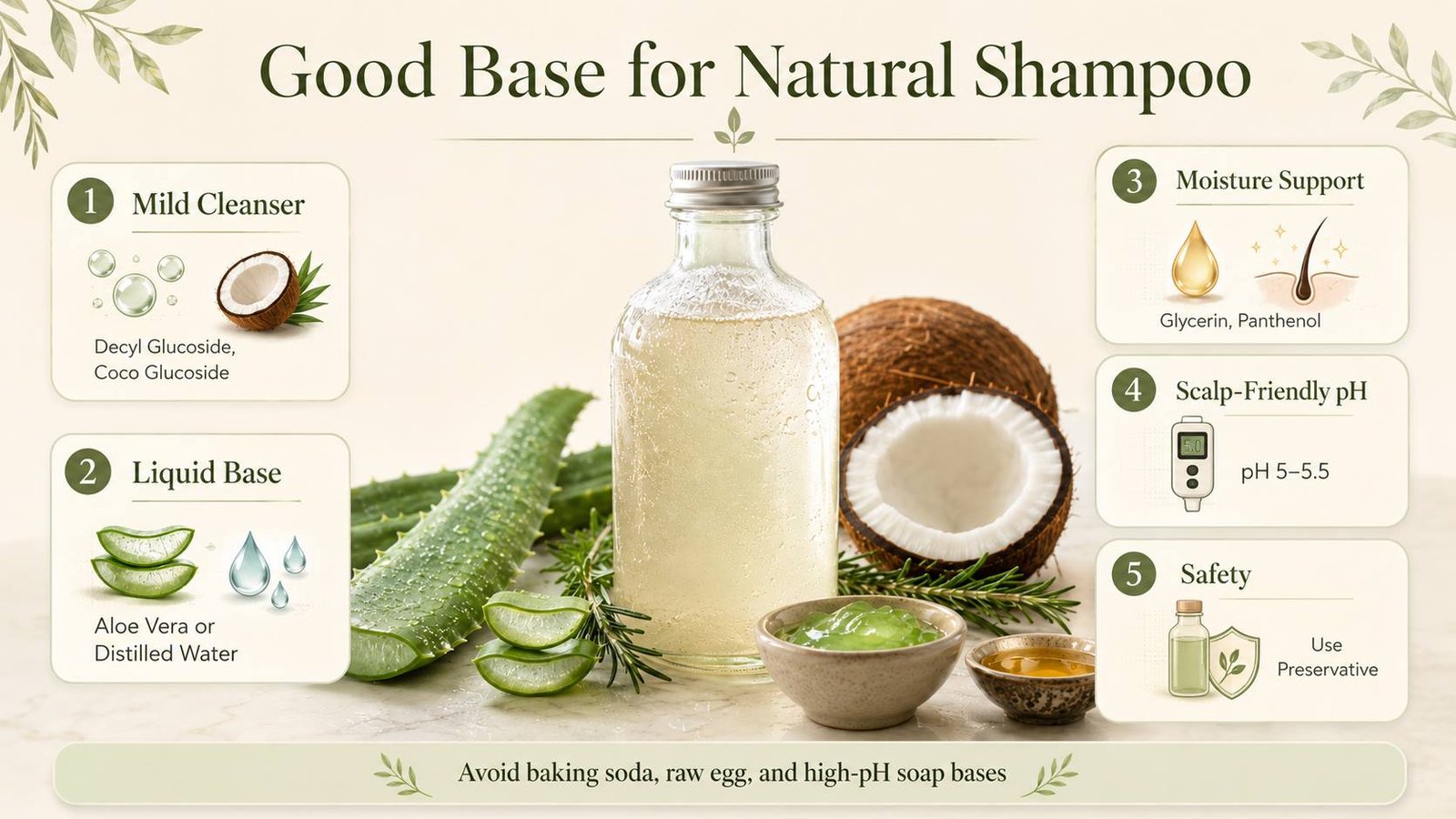Infographic showing the best natural shampoo base ingredients including mild cleansers, aloe vera, glycerin, pH balance, and preservative