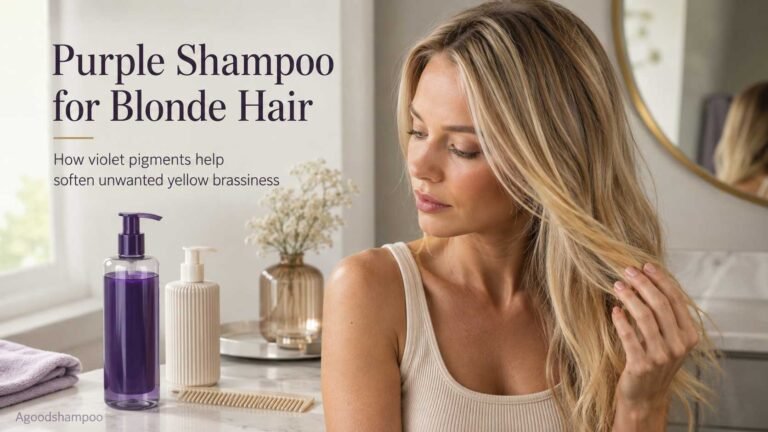 Home 28 Image Alt Text: Blonde woman beside purple toning shampoo for brassy hair