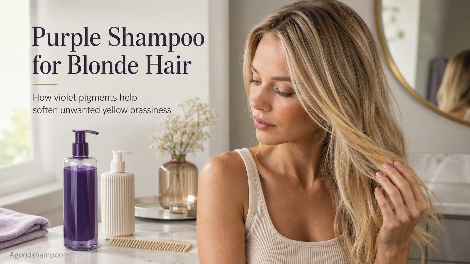 Image Alt Text:
Blonde woman beside purple toning shampoo for brassy hair