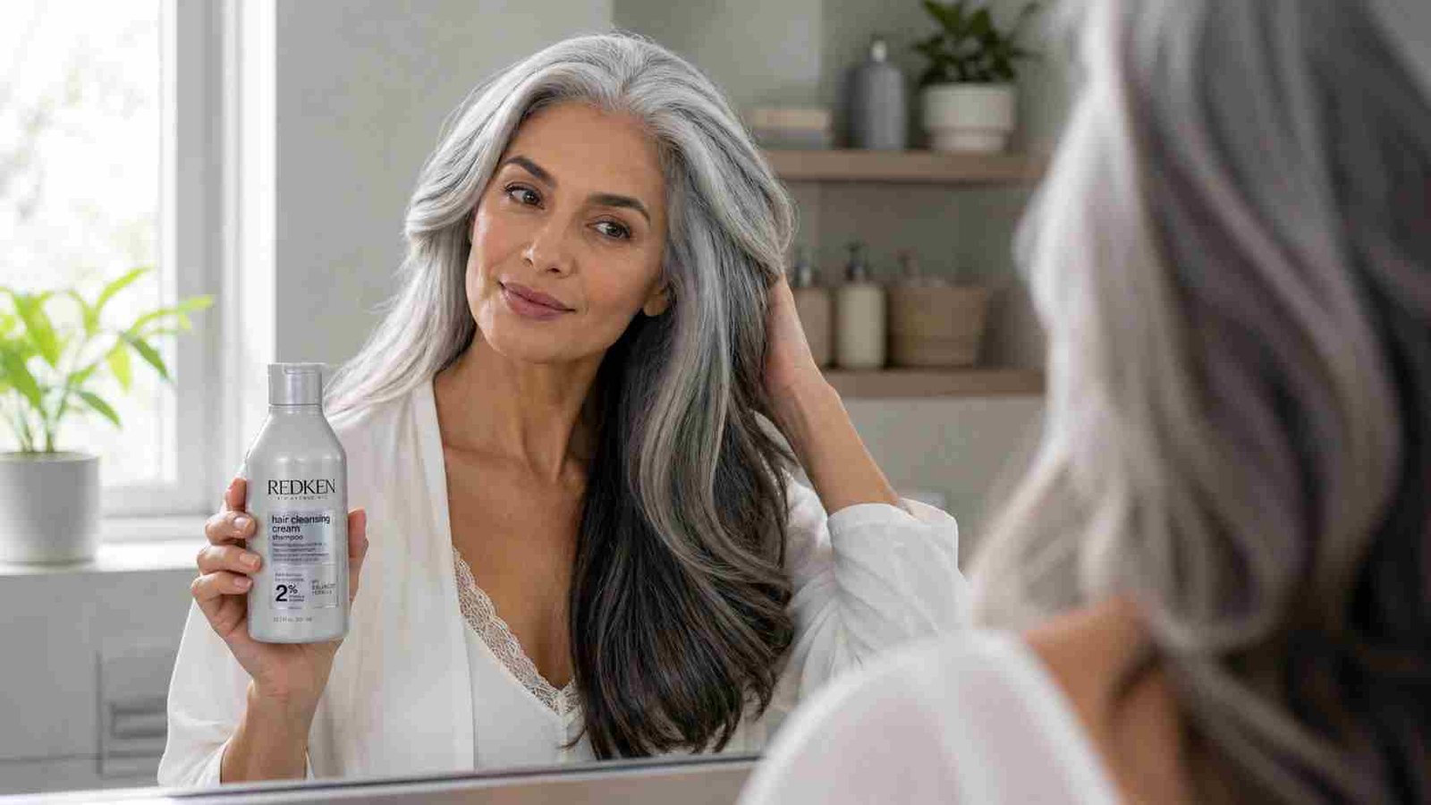 Redken Graydiant shampoo with hair care products arranged on marble surface