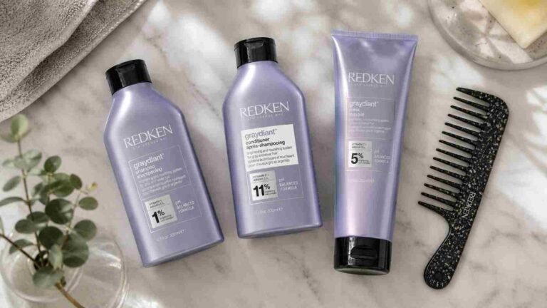 Woman using Redken shampoo for gray hair to enhance shine and remove yellow tones