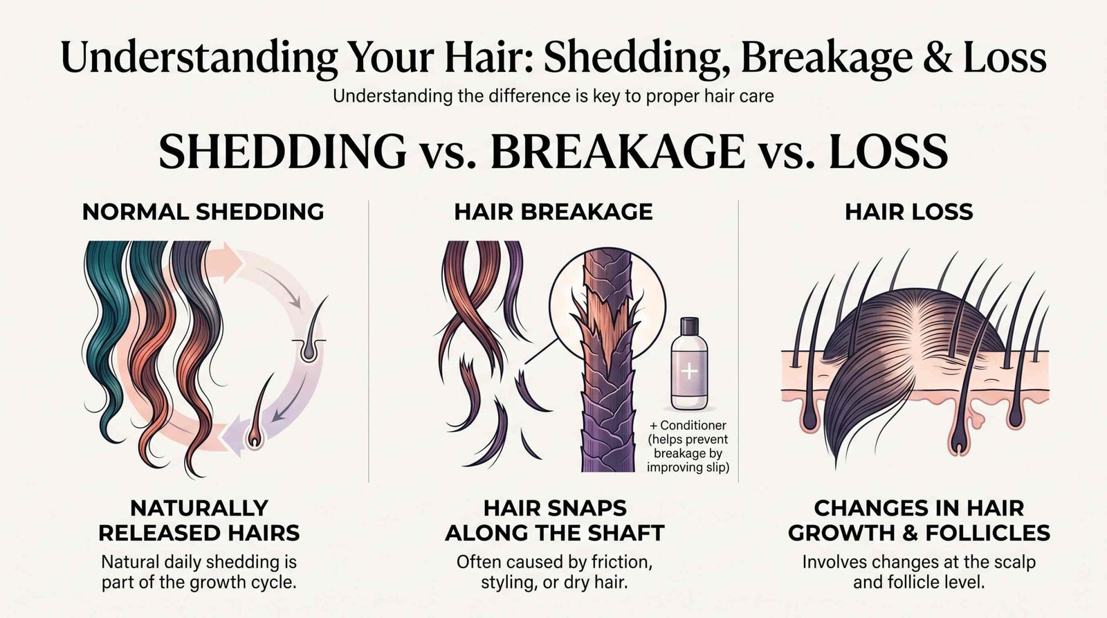 Comparison of normal shedding, broken hairs and hair loss