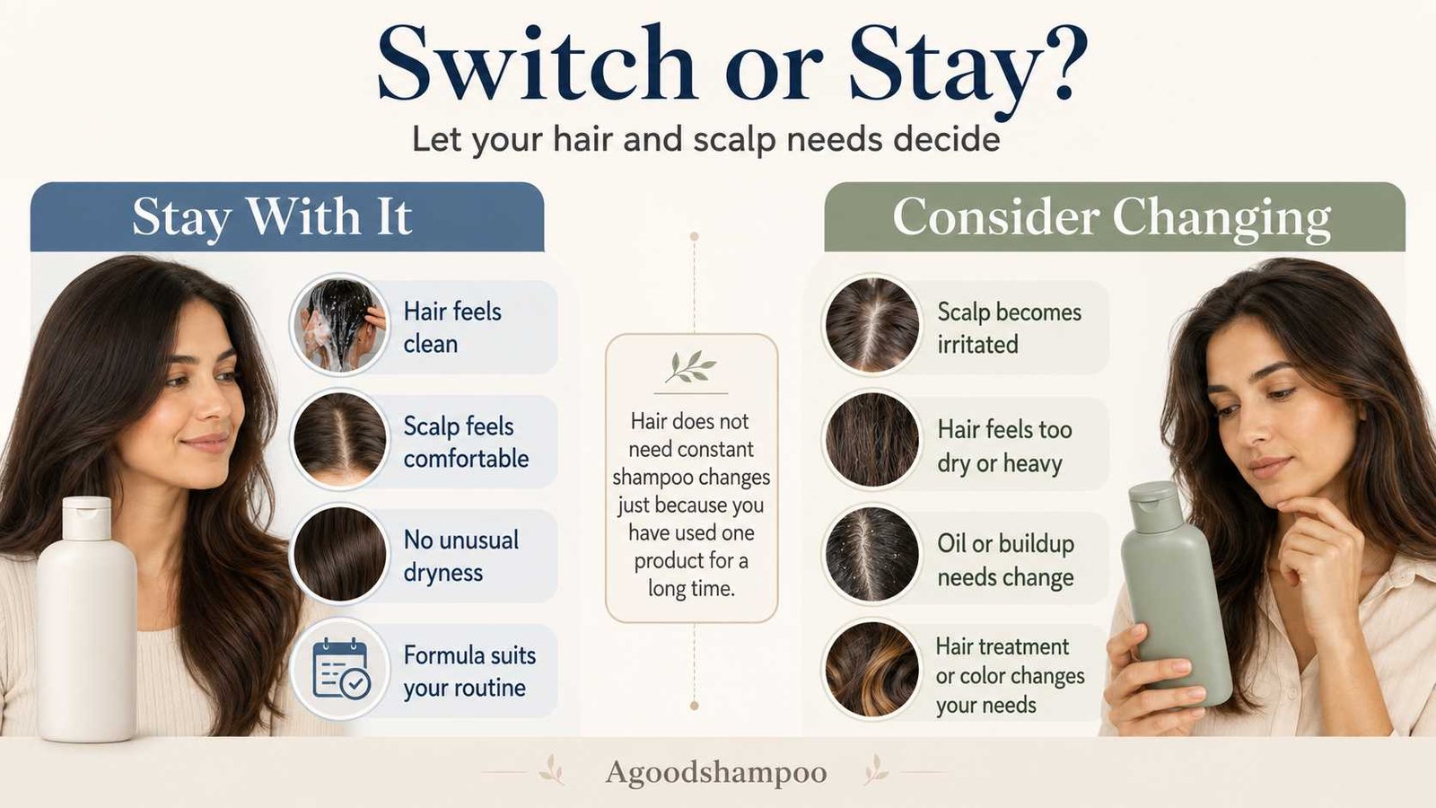 Image Alt Text: Woman comparing shampoos for her regular hair care routine