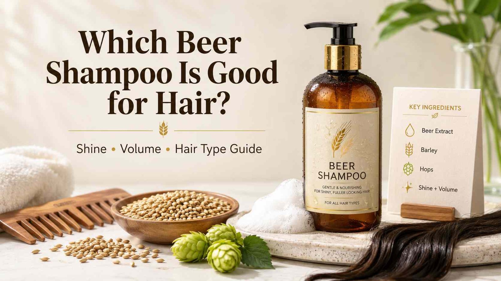Beer shampoo bottle with barley, hops, foam, and shiny hair strands for a guide on which beer shampoo is good for hair.