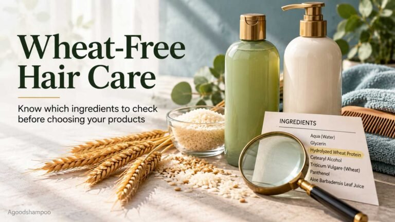 Shampoo bottles with wheat stalks and ingredient checking materials