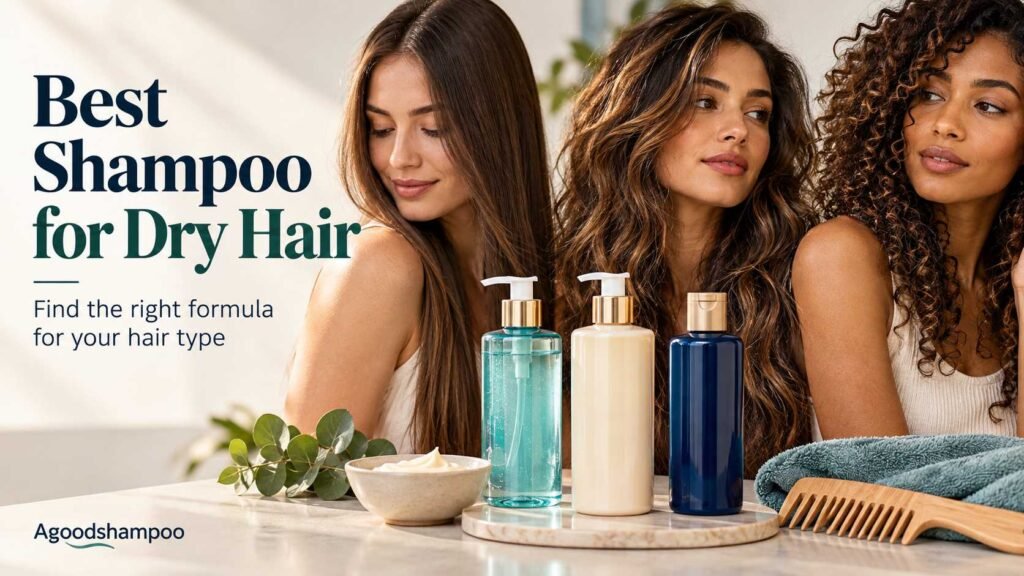 Three dry hair textures displayed beside moisturizing shampoo bottles