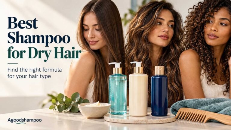 Home 1 Three dry hair textures displayed beside moisturizing shampoo bottles