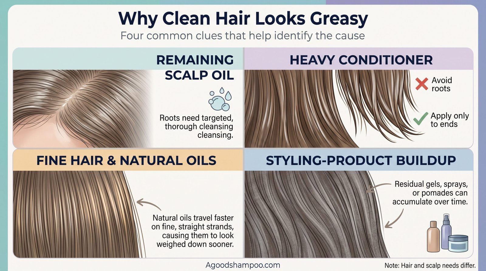 Infographic showing scalp oil, conditioner weight, fine hair and buildup