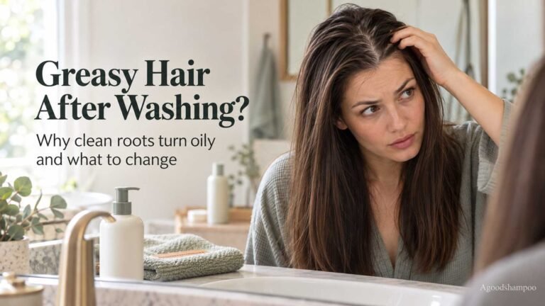 Woman examining flat, oily-looking roots after washing her hair