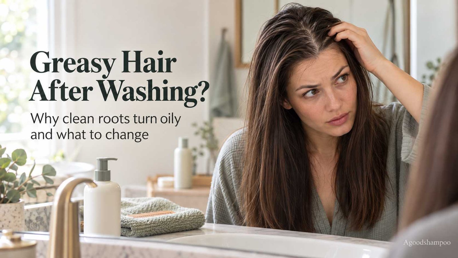 Woman examining flat, oily-looking roots after washing her hair