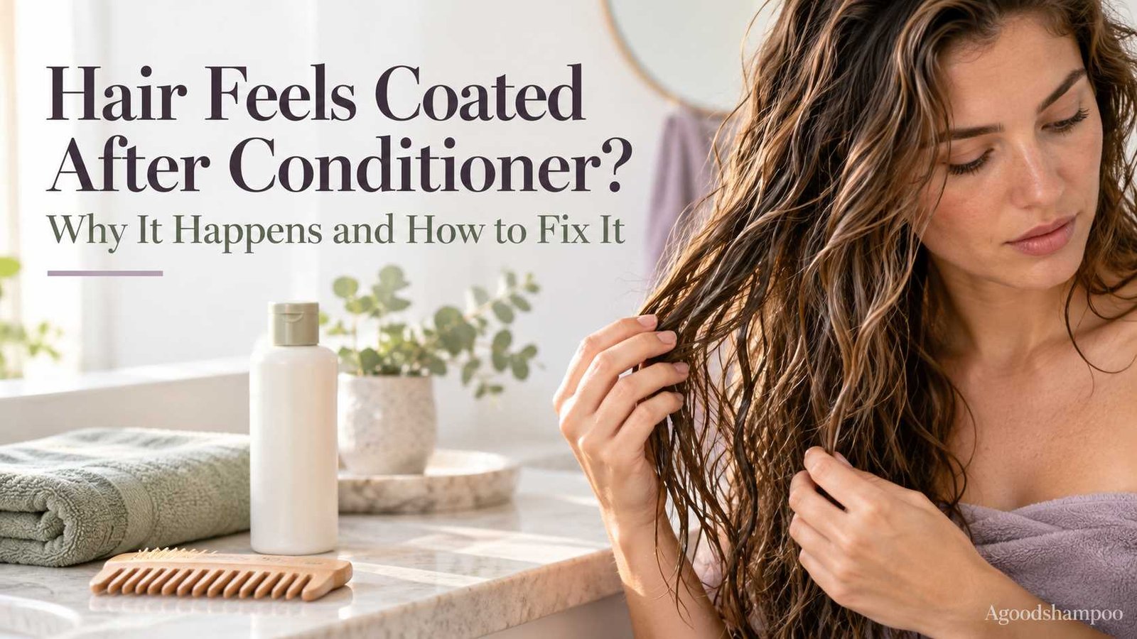 Wavy brown hair appearing slightly weighed down beside an unbranded conditioner bottle