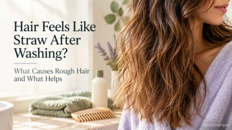 Close-up of freshly washed wavy brown hair with rough, frizzy ends