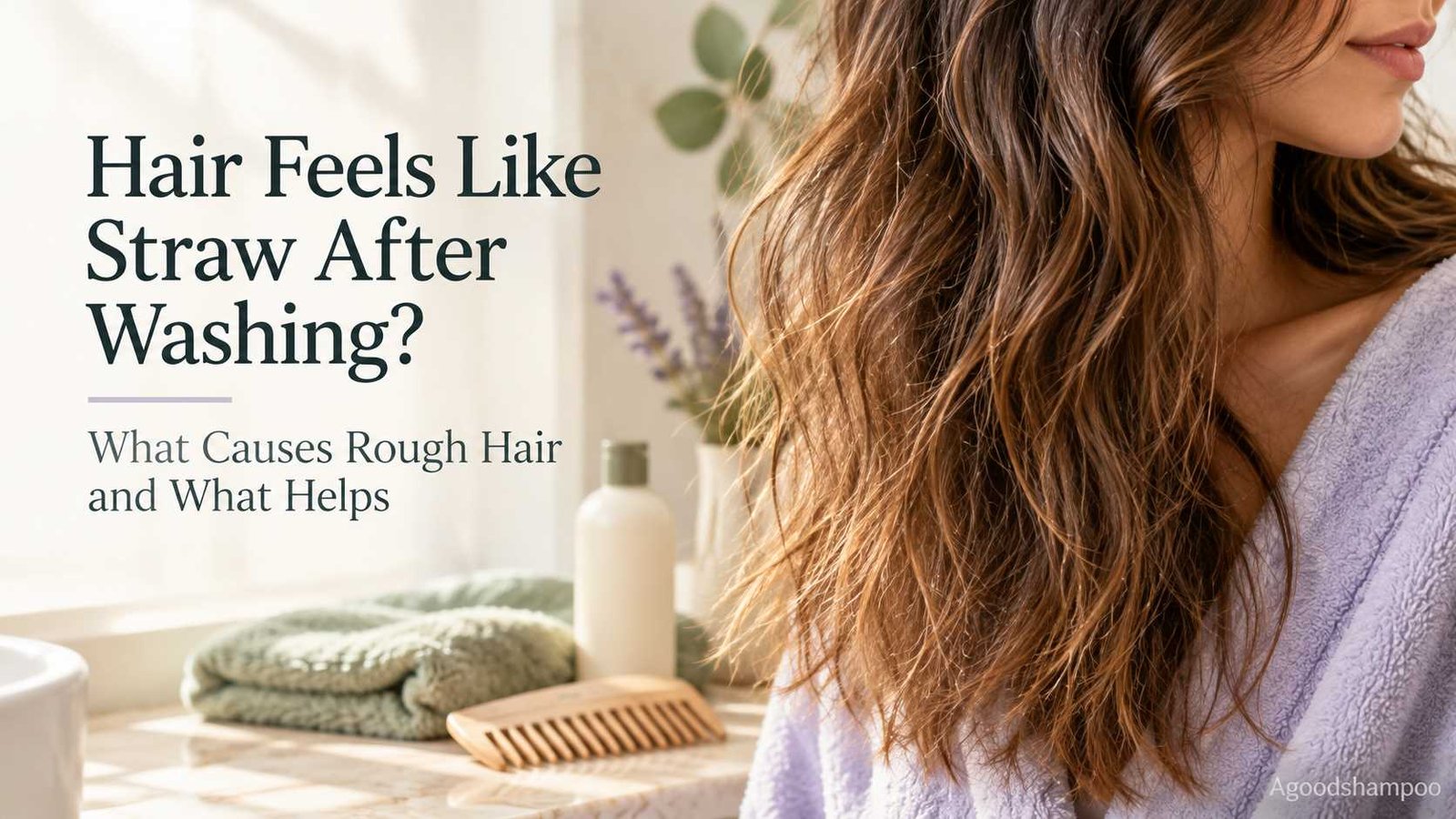 Close-up of freshly washed wavy brown hair with rough, frizzy ends
