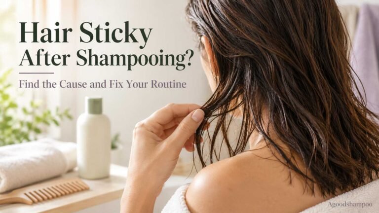 Woman gently separating slightly clumped, freshly washed brown hair