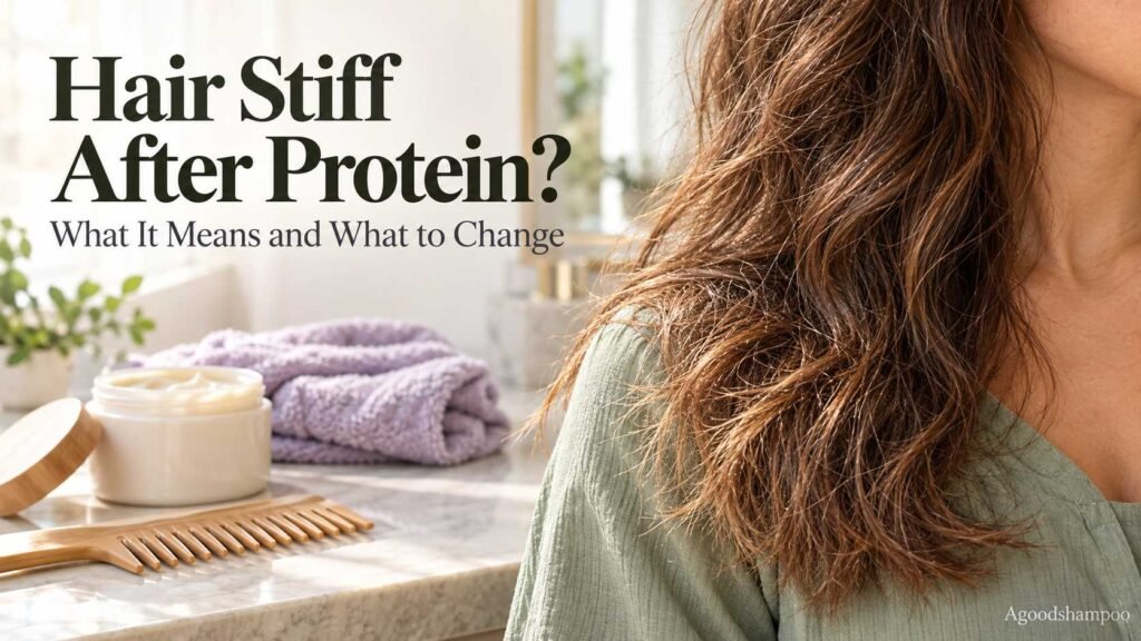 Wavy brown hair with mildly stiff-looking ends beside an unbranded hair treatment jar.