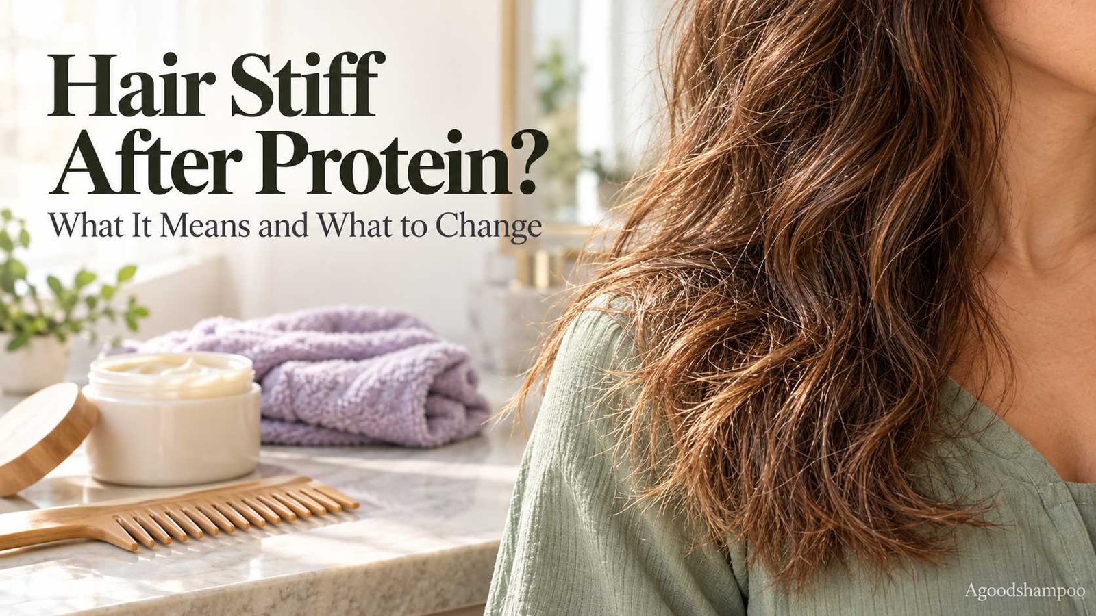 Wavy brown hair with mildly stiff-looking ends beside an unbranded hair treatment jar.