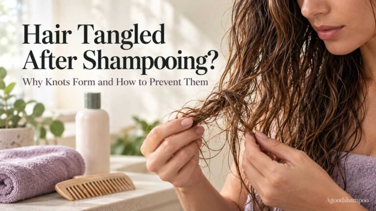 Freshly washed wavy brown hair with small tangles beside a wide-tooth comb