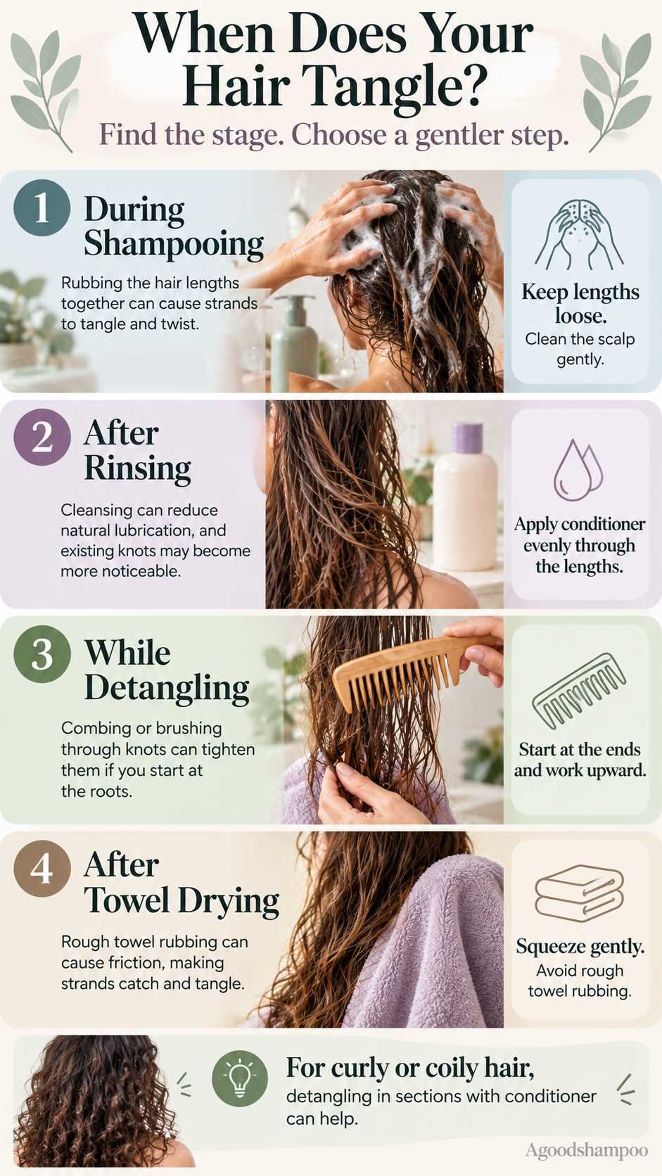 Four illustrated stages showing how to reduce hair tangles during washing and drying