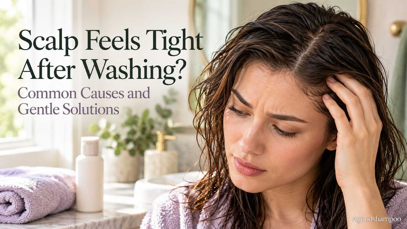 Woman touching her hairline with slightly damp hair after washing