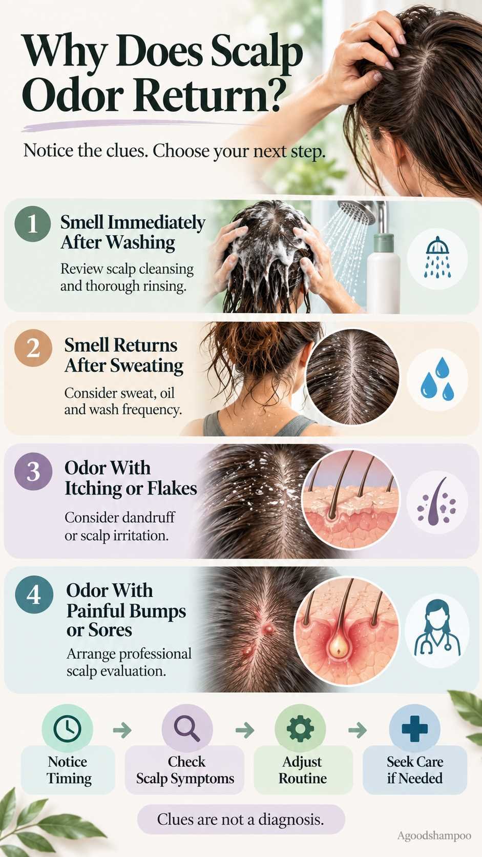 Infographic showing scalp odor timing, symptoms and practical next steps