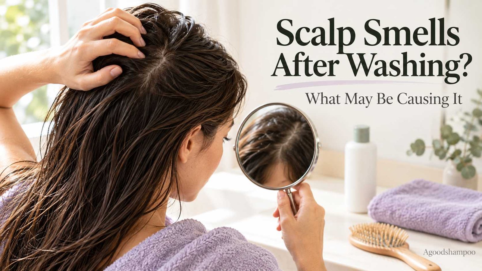 Woman parting freshly washed brown hair to inspect her scalp