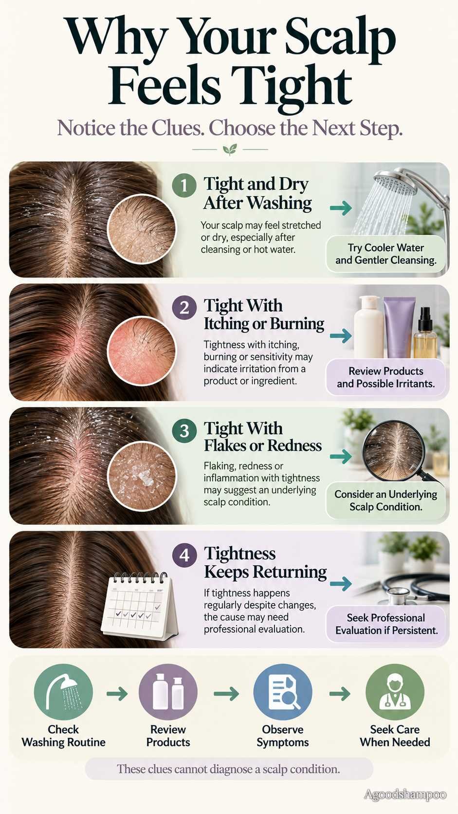 Four-row chart showing possible clues and next steps for scalp tightness