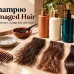 Shampoos beside dry damaged hair swatches on salon table