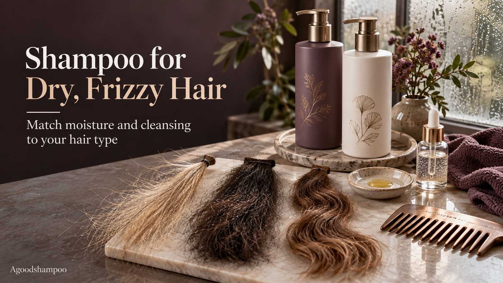 Moisturizing shampoo beside fine, thick and frizzy hair textures