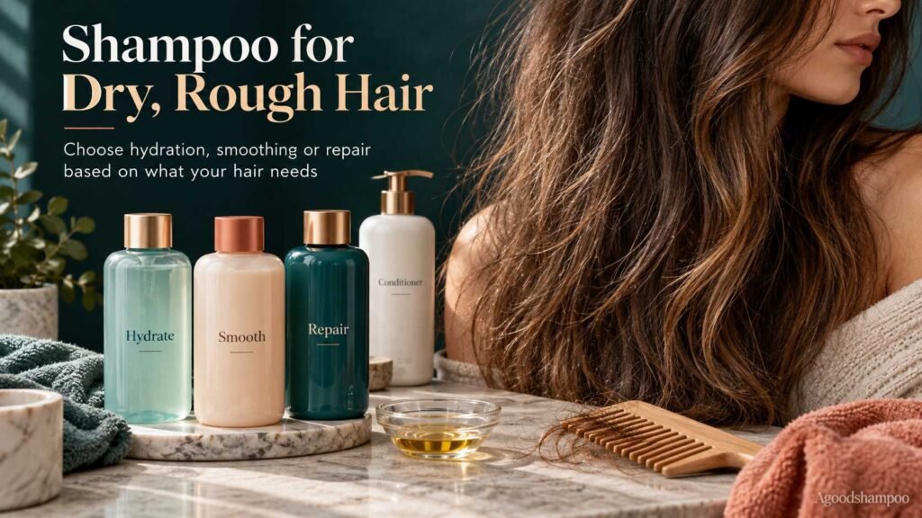 Hydrating and repair shampoos beside naturally dry rough hair
