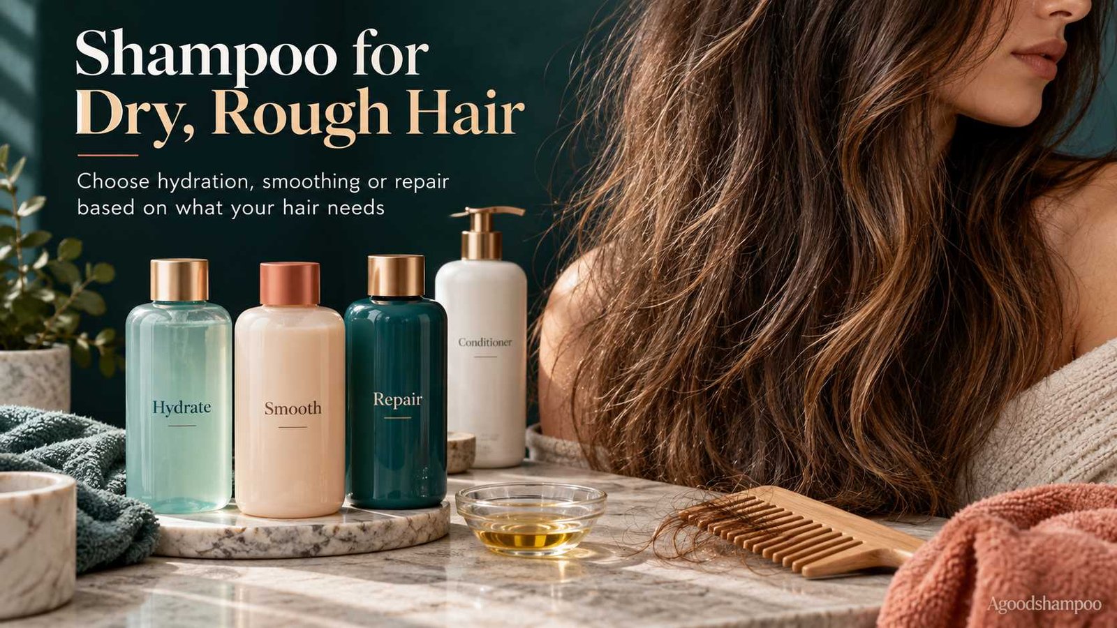 Hydrating and repair shampoos beside naturally dry rough hair