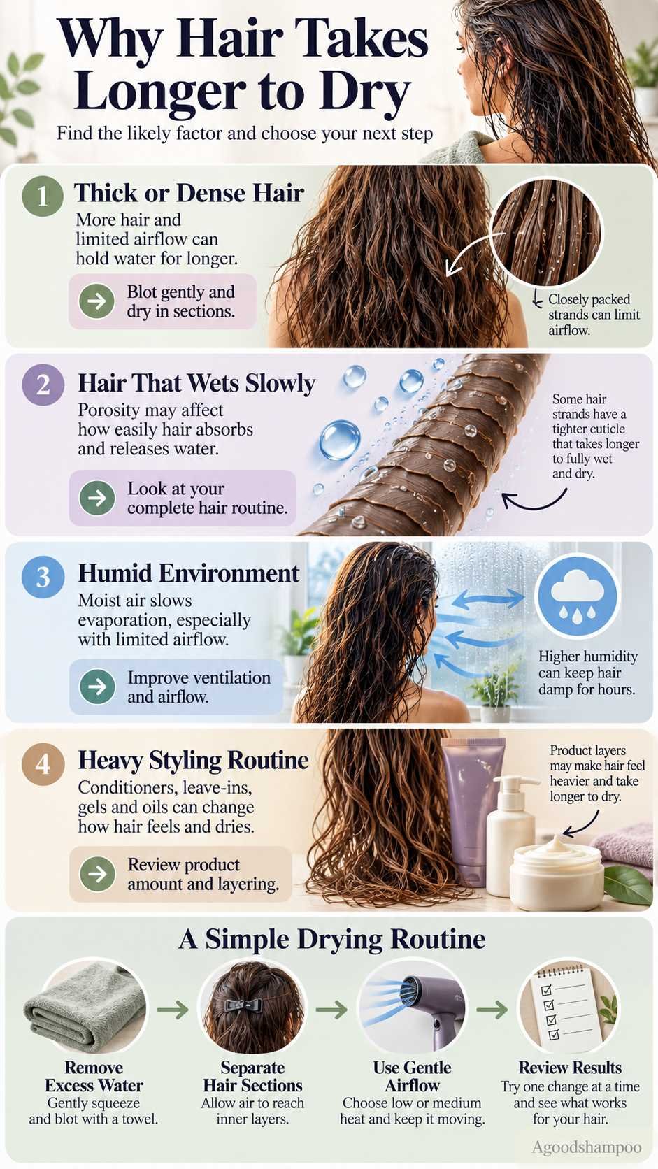 Infographic showing hair density, porosity, humidity and styling as possible slow-drying factors