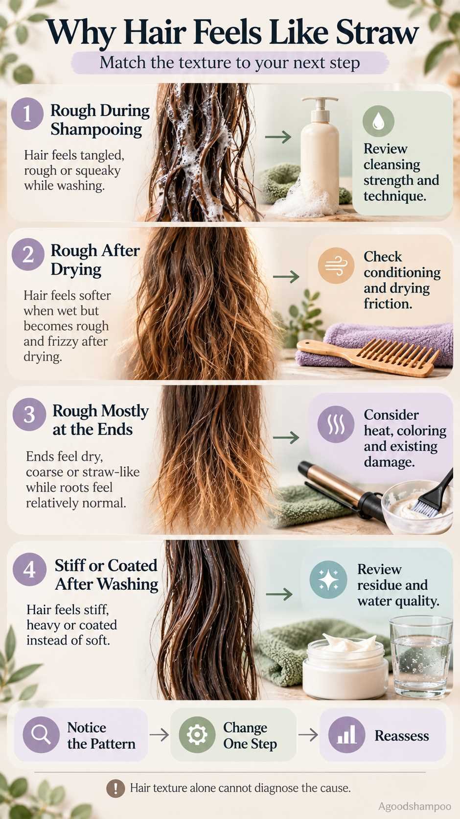 Four illustrated clues to rough hair after washing and suggested routine changes