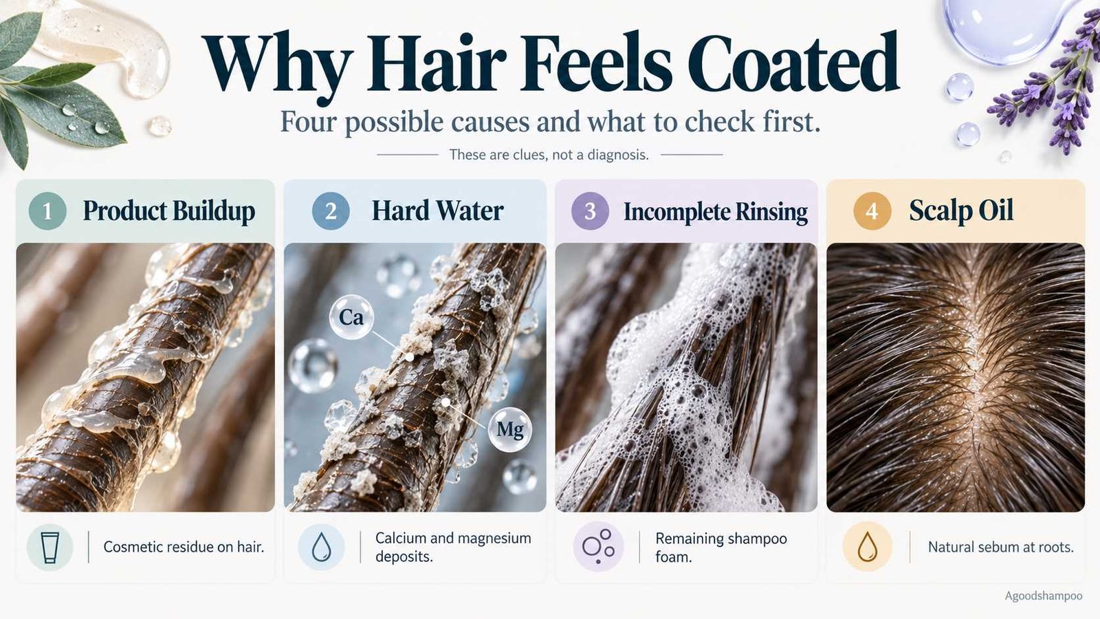 Infographic showing product buildup, minerals, rinsing residue and scalp oil