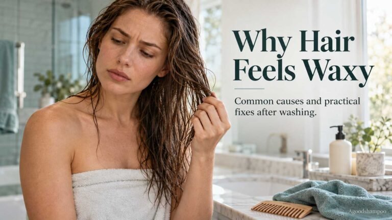 Woman examining slightly clumped hair strands after washing
