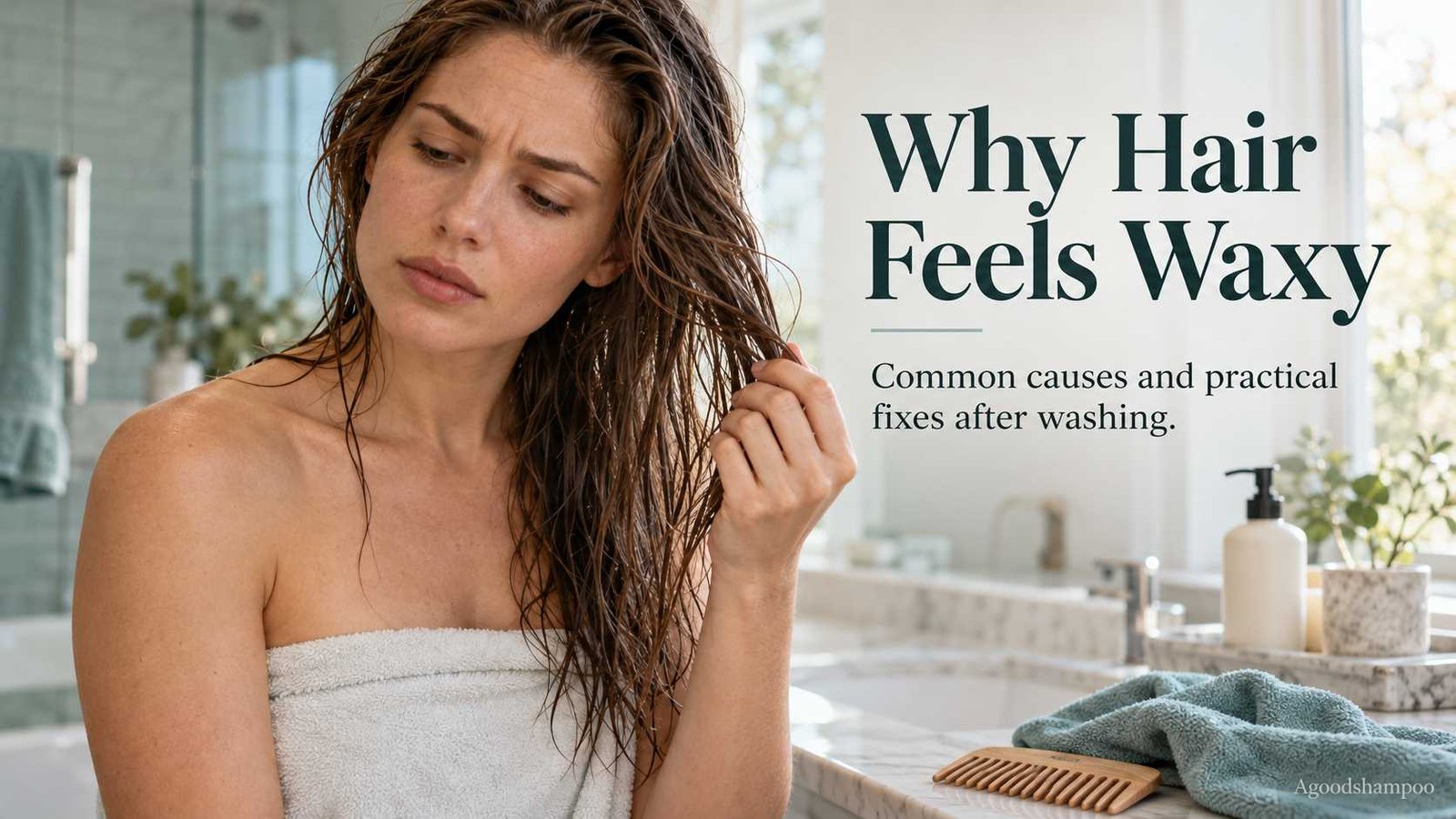 Woman examining slightly clumped hair strands after washing