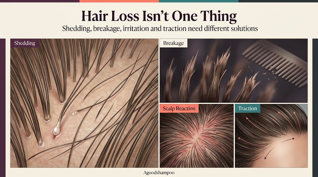 Visual comparison of shedding, breakage, scalp irritation and traction