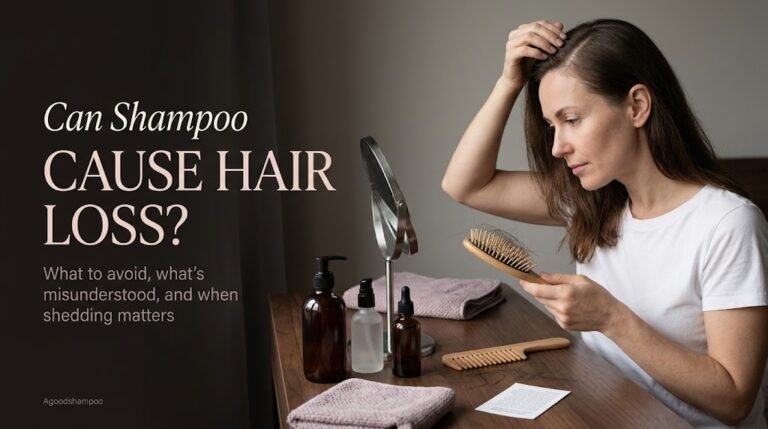 Woman examining shed and broken hair beside shampoo products