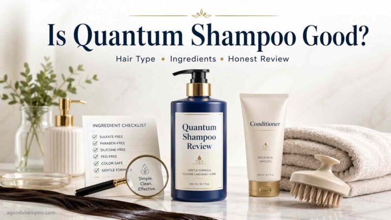 Is Quantum Shampoo Good? Honest Review for Real Hair 18 Quantum Shampoo review image showing shampoo bottle, hair care tools, ingredient checklist, and clean beauty review layout.