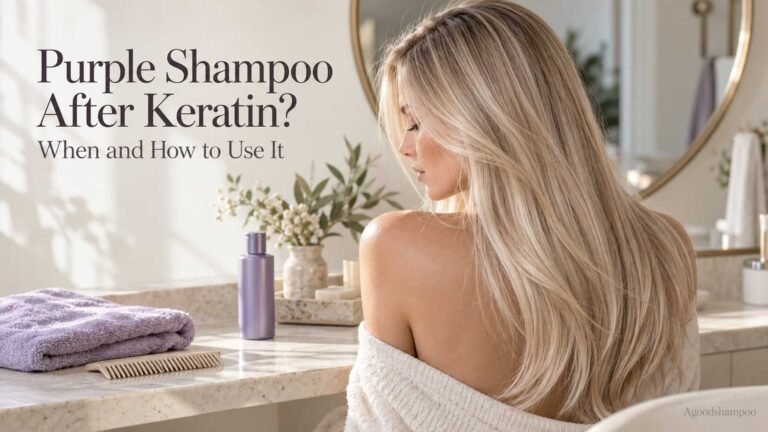 Smooth ash-blonde hair beside a violet shampoo bottle on a vanity