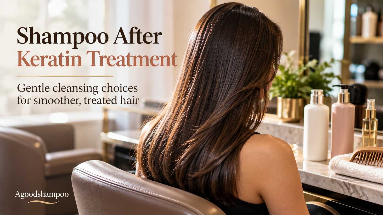 Smooth brunette hair beside gentle shampoo products in a salon
